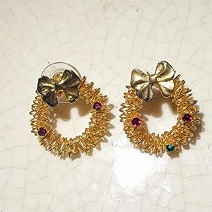 Gold tone gold wreath ribbon bow pierced earrings with tiny gemstones XMas gift